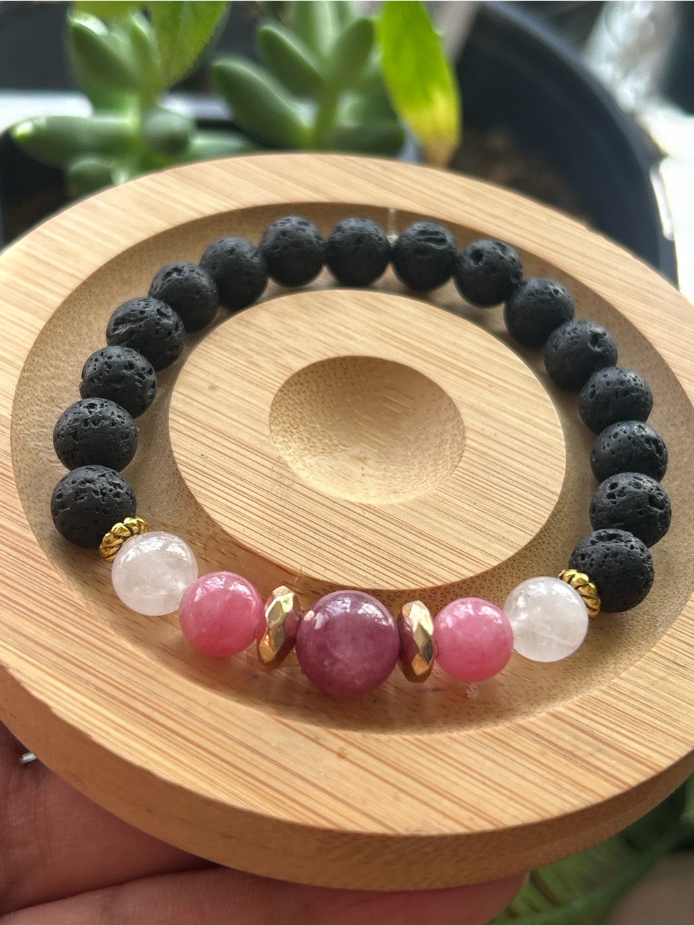 Handmade lava stone bracelet with strawberry quartz + moonstone beads